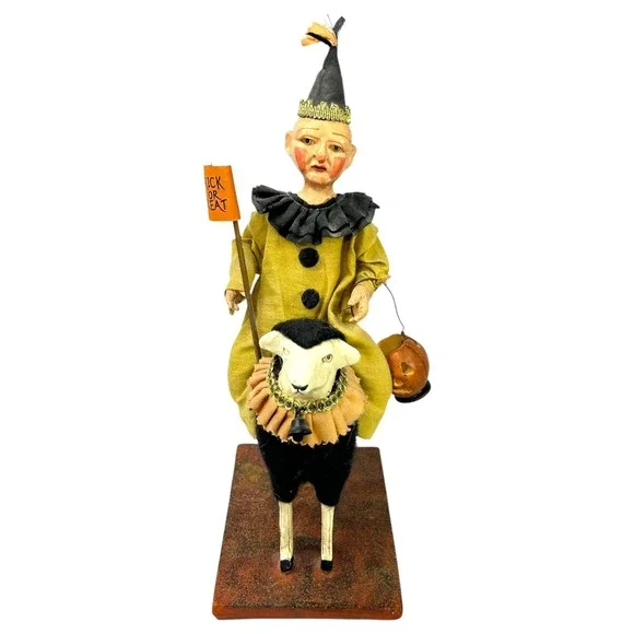 Bethany Lowe Halloween Jester Clown on Sheep w/ Trick Treat Flag Jack o Lantern - Picture 2 of 13